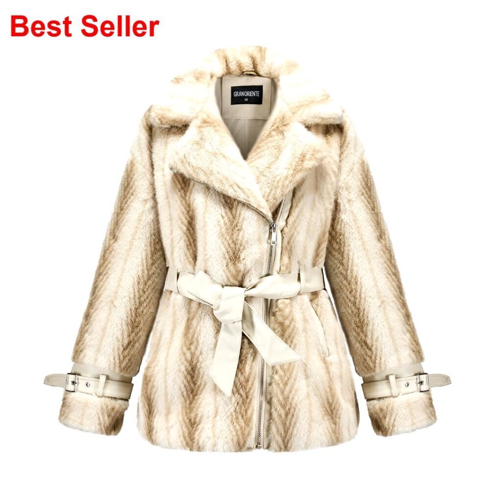 Faux Fur Winter Coat with Belted Waist and Cropped Fuzzy Cuffs